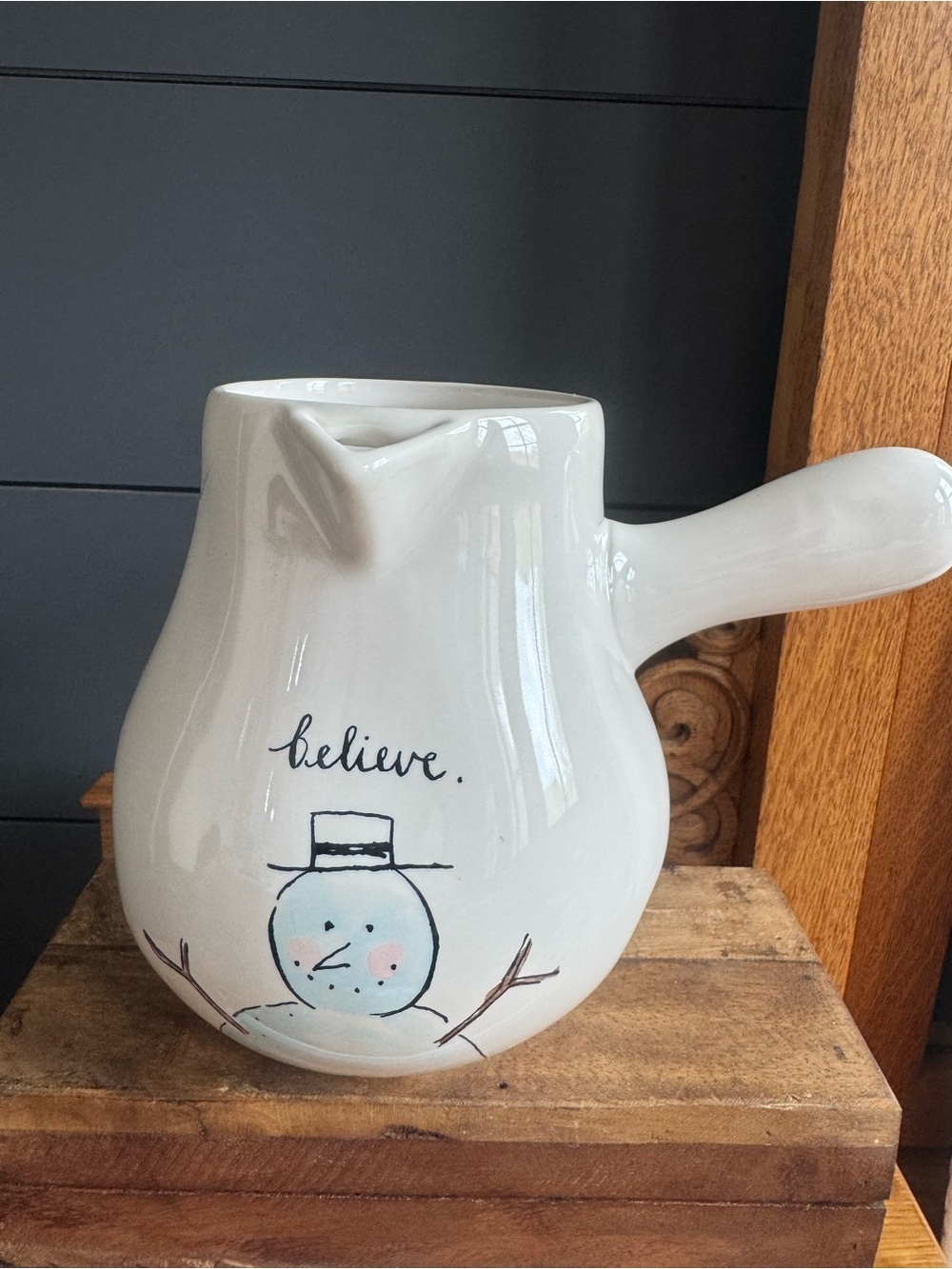 Rae Dunn White Ceramic Snowman Pitcher "Believe" Christmas Holiday Serveware
